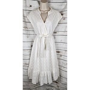 Lungo L'Arno White Eyelet Shirt Dress S Womens Midi Ruffle 100% Cotton Belted